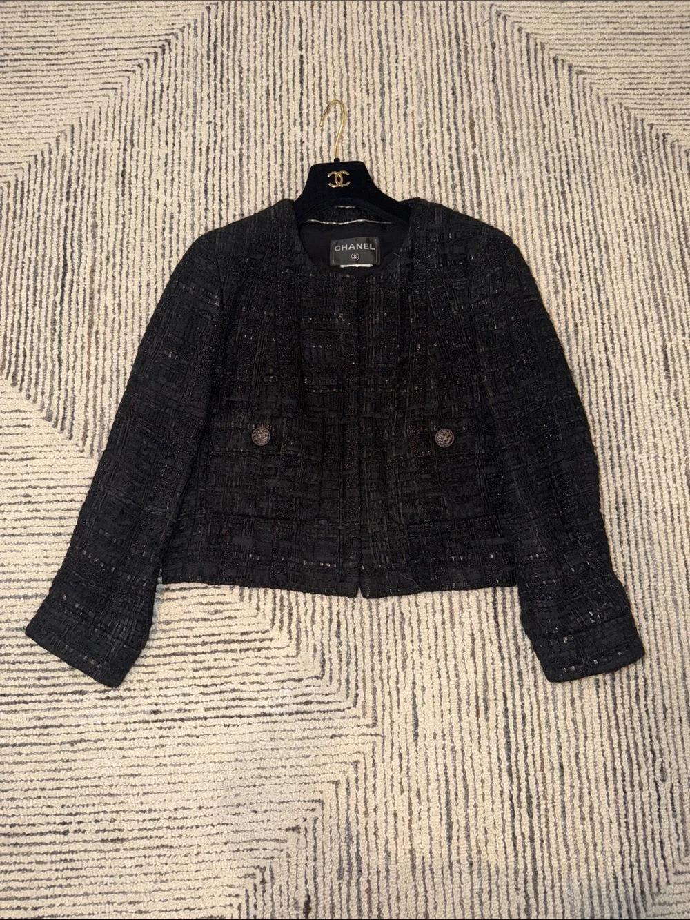 CHANEL Black Tweed Boxy Jacket with Signature Buttons